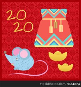 Bag with ropes, 2020 number, mouse character and golden symbol on red. Fortune sack and holiday animal or zodiac, traditional festive icon, celebration element, colorful case, asian object vector. Mouse and Bag, Fortune Sign, Holiday Icon Vector