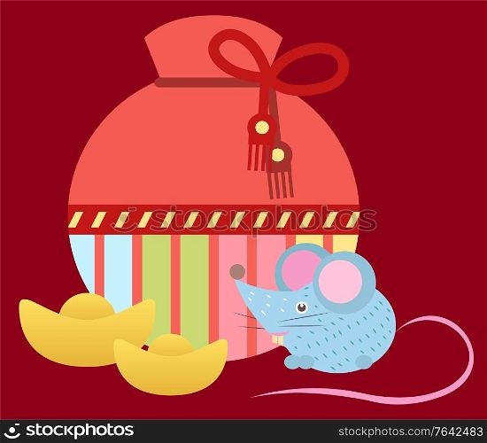 Bag with ropes, mouse character and golden symbol on red. Fortune sack and holiday animal or zodiac, traditional festive icon, celebration element, colorful case, asian object vector. Mouse and Bag, Fortune Sign, Holiday Icon Vector