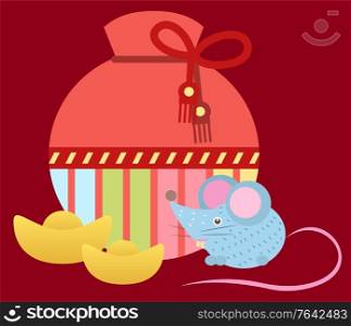 Bag with ropes, mouse character and golden symbol on red. Fortune sack and holiday animal or zodiac, traditional festive icon, celebration element, colorful case, asian object vector. Mouse and Bag, Fortune Sign, Holiday Icon Vector