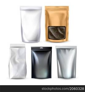 Bag zip pouch mockup set. Transparent, tea, coffee, black, silver. Foil container. Plastic blank. Food zip. Nulon pack templae. vector realistic illustration. Bag zip pouch mockup set vector