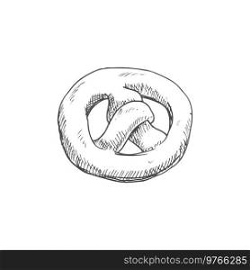 Bagel knot or pretzel isolated monochrome sketch. Vector pastry bakery food, salty snack. Pretzel isolated hand drawn sketch, bakery food