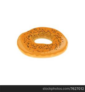 Bagel roll with poppy isolated bread. Vector round pastry, baked food with seeds. Baked plain bagel with poppy seeds