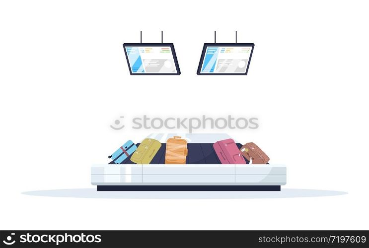 Baggage carousel semi flat RGB color vector illustration. Checked handbags. Reclaimed and lost suitcases in airport terminal. Luggage conveyor belt isolated cartoon object on white background