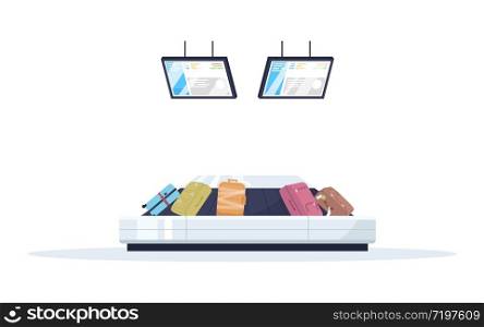Baggage carousel semi flat RGB color vector illustration. Checked handbags. Reclaimed and lost suitcases in airport terminal. Luggage conveyor belt isolated cartoon object on white background