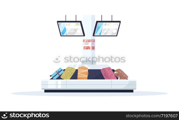 Baggage carousel semi flat RGB color vector illustration. Covid warning. Reclaimed and lost suitcases in airport terminal. Luggage conveyor belt isolated cartoon object on white background