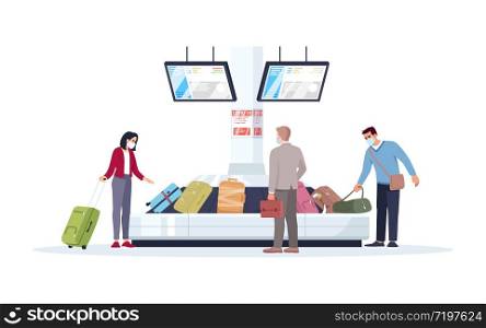 Baggage carousel semi flat RGB color vector illustration. Tourists in medical masks wait for luggage. People get bags in airport terminal. Passengers isolated cartoon character on white background