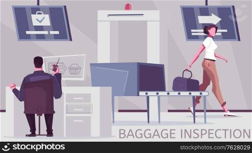 Baggage check flat composition with editable text and border inspection post with equipment for luggage screening vector illustration