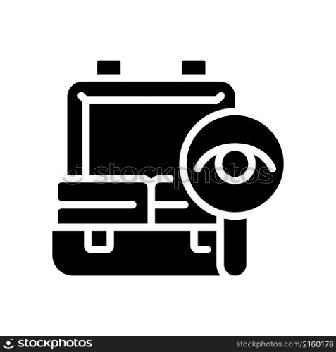 Baggage checks black glyph icon. Border security. Bags examination and scanning. Customs restrictions. Smuggling prevention. Silhouette symbol on white space. Vector isolated illustration. Baggage checks black glyph icon