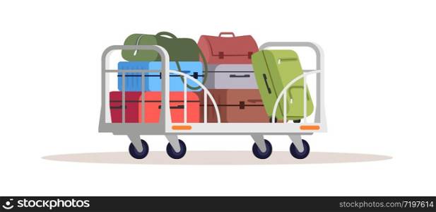 Baggage on cart semi flat RGB color vector illustration. Airport cargo shipping services. Logistics and shipment. Deliver suitcases. Handbags isolated cartoon object on white background