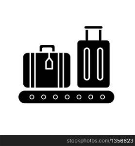 Baggage on conveyor belt flat design long shadow glyph icon. Luggage with tags on carousel. Airport terminal checkpoint for bags. Silhouette symbol on white space. Vector isolated illustration