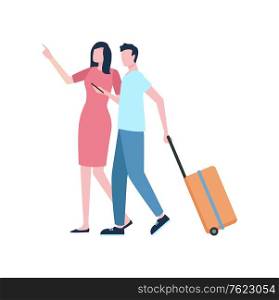 Baggage or suitcase, traveling and holidays or vacation, couple vector. Rest and recreation, flight and luggage, man and woman flying abroad, journey. Traveling Isolated Couple with Baggage or Suitcase