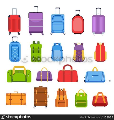 Baggage suitcases. Luggage and handle bags, backpacks, leather case, travel suitcases and bag for trip, tourism and vacation isolated vector icons set. Travel accessories colorful flat illustrations. Baggage suitcases. Luggage and handle bags, backpacks, leather case, travel suitcases and bag for trip, tourism and vacation isolated vector icons set. Travel gear multicolor flat illustrations