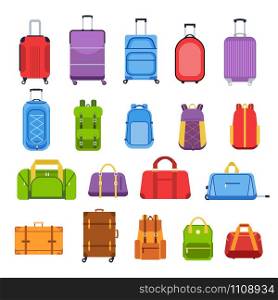 Baggage suitcases. Luggage and handle bags, backpacks, leather case, travel suitcases and bag for trip, tourism and vacation isolated vector icons set. Travel accessories colorful flat illustrations. Baggage suitcases. Luggage and handle bags, backpacks, leather case, travel suitcases and bag for trip, tourism and vacation isolated vector icons set. Travel gear multicolor flat illustrations
