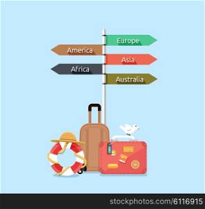 Baggage travel asia america, europe, africa, australia. Travel signpost, direction travel guide, information destination travel, tourism travel way, route travel, guidepost world travel illustration