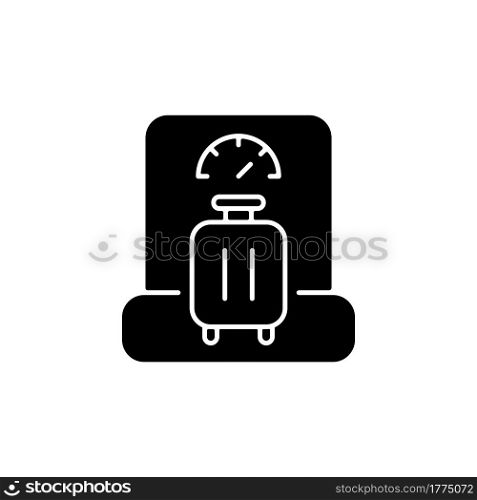 Baggage weight black glyph icon. Luggage weighing in airport. Traveller suitcase check. Essential for tourist. Travel size objects. Silhouette symbol on white space. Vector isolated illustration. Baggage weight black glyph icon