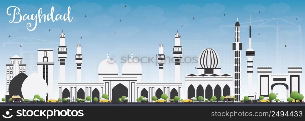 Baghdad Skyline with Gray Buildings and Blue Sky. Vector Illustration. Business Travel and Tourism Concept with Historic Buildings. Image for Presentation Banner Placard and Web Site.