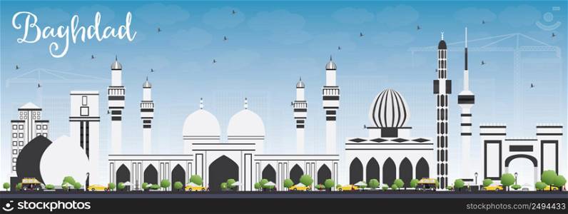 Baghdad Skyline with Gray Buildings and Blue Sky. Vector Illustration. Business Travel and Tourism Concept with Historic Buildings. Image for Presentation Banner Placard and Web Site.