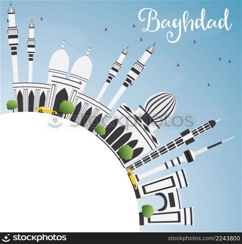 Baghdad Skyline with Gray Buildings, Blue Sky and Copy Space. Vector Illustration. Business Travel and Tourism Concept with Historic Architecture. Image for Presentation Banner Placard and Web Site.