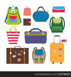 Bags and luggage flat icons set. Baggage and travel, briefcase and case. Vector illustration. Bags and luggage flat icons