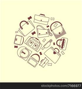 Bags and purses line icons round banner vector design. Illustration of suitcase outline and wallet. Bags and purses line icons round banner vector design