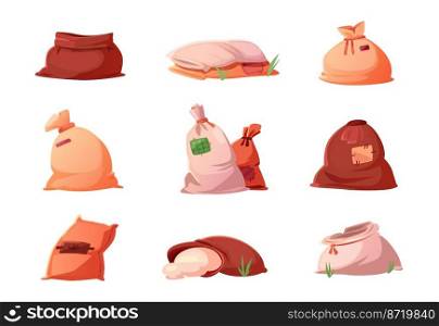 Bags and sacks with grain, flour, rice, cereal or salt isolated set. Farm production in brown textile bales, closed and open burlap packs on white background, Cartoon vector illustration, icons. Bags and sacks with grain, flour, rice, cereal set