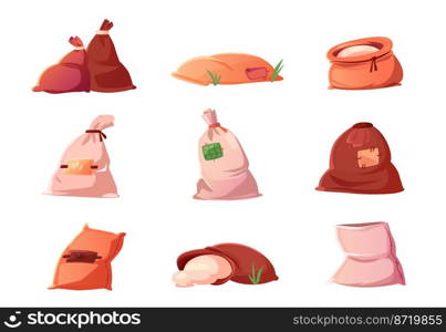 Bags and sacks with grain, flour, rice, cereal or salt isolated set. Farm production in brown textile bales, closed and open burlap packs on white background, Cartoon vector illustration, icons. Bags and sacks with grain, flour, rice, cereal set