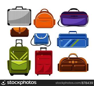 Bags different type models of travel bag, purse or backpack and school rucksack or woman fashion handbag and business case or suitcase and sports bag. Vector cartoon flat isolated icons set. Bags different type models of travel bag