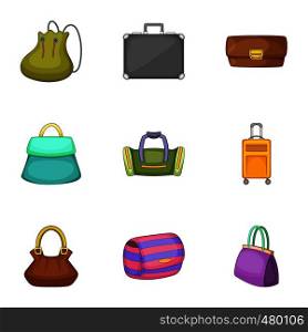 Bags for all occasions icons set. Cartoon set of 9 bags for all occasions vector icons for web isolated on white background. Bags for all occasions icons set, cartoon style