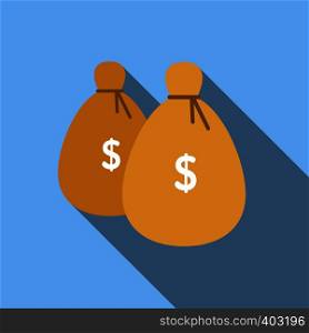 Bags of money flat icon, colored image with long shadow on blue background. Bags of money flat icon