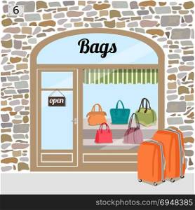 Bags shop or bags store.. Bag shop s building facade of stone. Different woman bags in the shop window.Vector illustration eps 10.