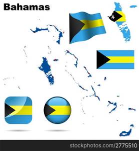 Bahamas vector set. Detailed country shape with region borders, flags and icons isolated on white background.