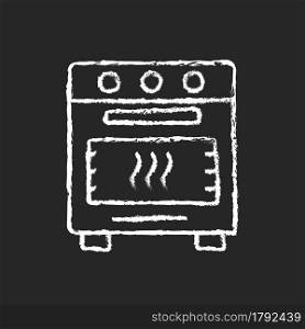 Bake in oven chalk white icon on dark background. Domestic cooker. Roasting meal in household stove. Cooking instruction. Food preparation process. Isolated vector chalkboard illustration on black. Bake in oven chalk white icon on dark background