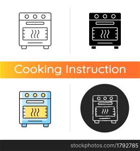 Bake in oven icon. Domestic cooker. Roasting meal in household stove. Cooking instruction. Food preparation process. Linear black and RGB color styles. Isolated vector illustrations. Bake in oven icon