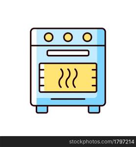 Bake in oven RGB color icon. Domestic cooker. Roasting meal in household stove. Cooking instruction. Food preparation process. Isolated vector illustration. Simple filled line drawing. Bake in oven RGB color icon