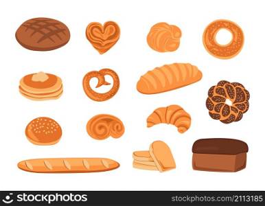 Baked bread. Cartoon wheat organic food, pretzel, loaf, croissant , pancakes, cinnamon roll, French baguette, poppy seed roll bakery. Vector set illustrations collection variety baking. Baked bread. Cartoon wheat organic food, pretzel, loaf, croissant , pancakes, cinnamon roll, French baguette, poppy seed roll bakery. Vector set