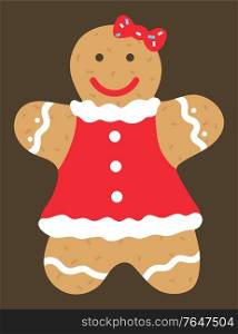 Baked gingerbread cookie for christmas celebration. Xmas holidays and new year traditional symbolic food. Sweets for december 25. Female character with red costume and decorative bow on head vector. Gingerbread Cookie Female Character with Icing