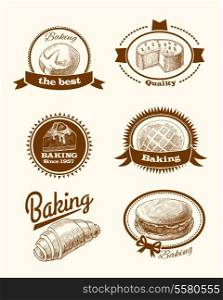 Baked pastry cakes and traditional brean food labels with frames and ribbons vector illustration