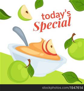Baked pie made of fresh apples. Todays special dessert in menu, shop or bakery store. Seasonal food for customers. Promotional banner or poster, cafe or restaurant discounts. Vector in flat style. Todays special apple pie or mousse, shop marketing