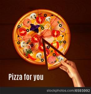Baked pizza realistic composition on wooden background with hand holding piece of dish vector illustration . Baked Pizza Realistic Composition