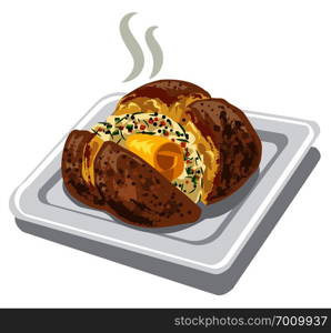 baked potato with spices and butter on plate. baked potato