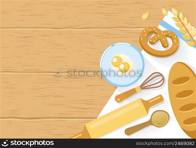 Baked products and cooking tools composition with bagel wheat eggs in bowl on wooden background vector illustration. Baked Products And Cooking Tools Composition