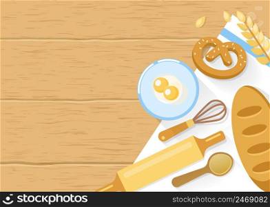 Baked products and cooking tools composition with bagel wheat eggs in bowl on wooden background vector illustration. Baked Products And Cooking Tools Composition