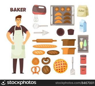 Baker and his equipment for cake, bread and other food cooking. Male character in apron with flour, mixer and baking cartoon vector illustration set. Cook profession, restaurant concept