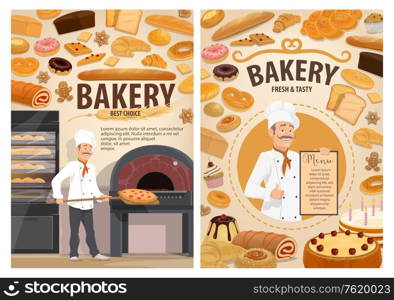 Baker at bakery shop baking bread, desserts and pastry sweets. Vector baker in hat at oven with menu, bagel or pretzel donut or cupcake and bun, sweet cheesecake or custards and wheat or rye bread. Bakery shop cakes, baker patisserie pastry menu