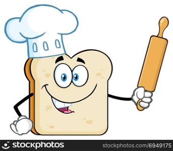Baker Bread Slice Cartoon Mascot Character With Chef Hat Holding A Rolling Pin. Illustration Isolated On White Background