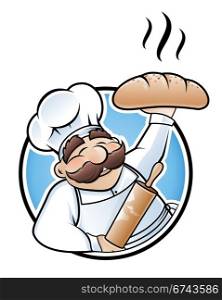 Baker illustration. Happy baker cartoon character presenting a freshly baked loaf of bread