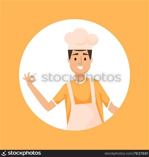 Baker in high hat smiling and showing ok sign isolated. Vector chef cook, male in white cap portrait view in round frame. Cooker in head garment, kitchener. Baker in High Hat Showing Ok Sign Isolated Vector