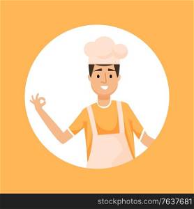 Baker in high hat smiling and showing ok sign isolated. Vector chef cook, male in white cap portrait view in round frame. Cooker in head garment, kitchener. Baker in High Hat Showing Ok Sign Isolated Vector