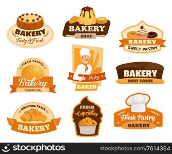 Baker, pastry and bread isolated icons of bakery vector design. Bread, croissant and baguette, cake, cupcake, donut and muffin, pie, cereal bun and cheesecake, toque, chef hat and rolling pin emblems. Baker with bread and pastry isolated icons