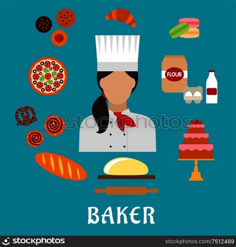Baker profession flat icons with baker in chef hat, encircled by pizza, cupcakes, cake, macarons, croissant, long loaf of bread, cinnamon rolls, pretzel, dough with rolling pin, flour, eggs and milk. Baker profession and pastries flat icons